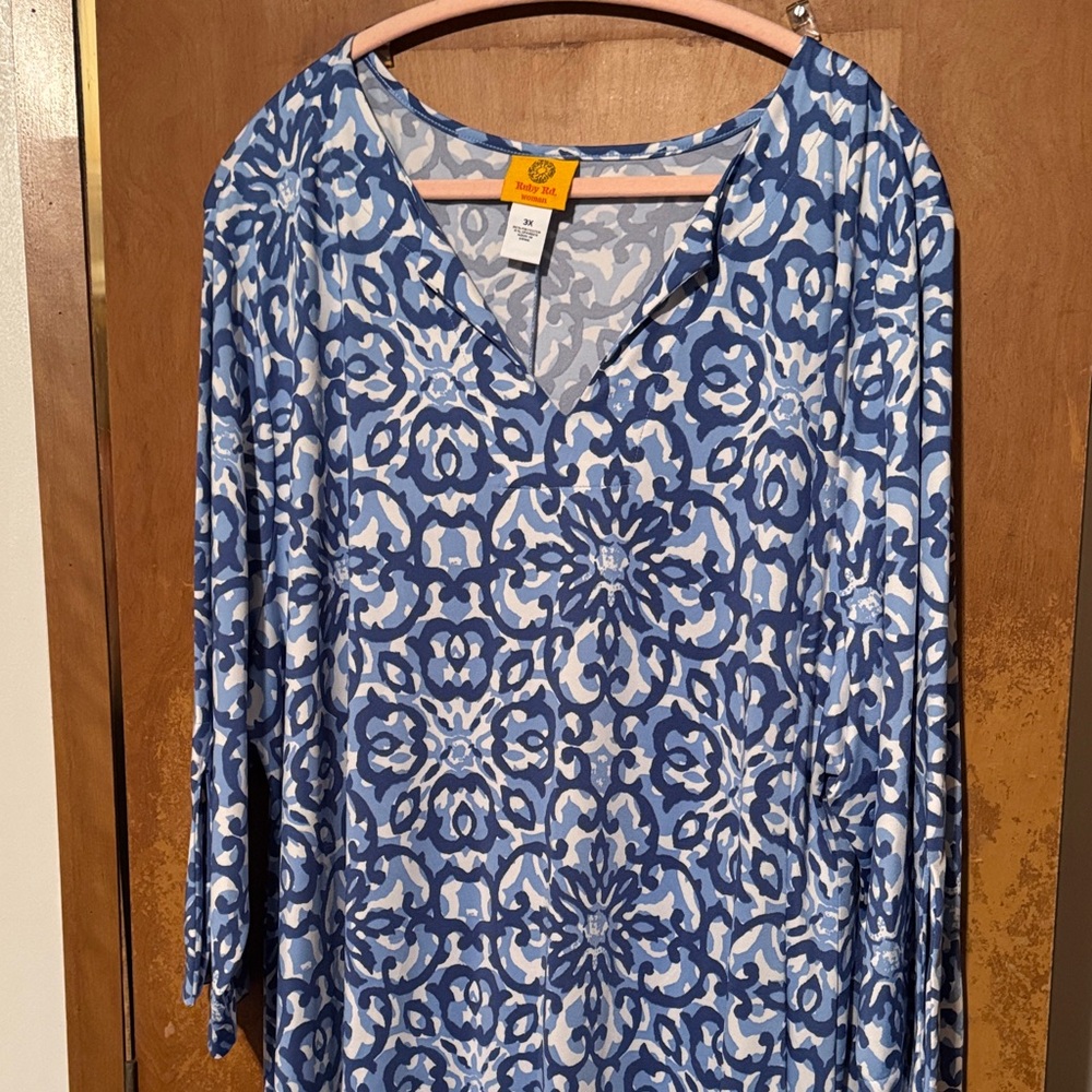 Ruby Rd. Blue and White Patterned Long Sleeve Dress